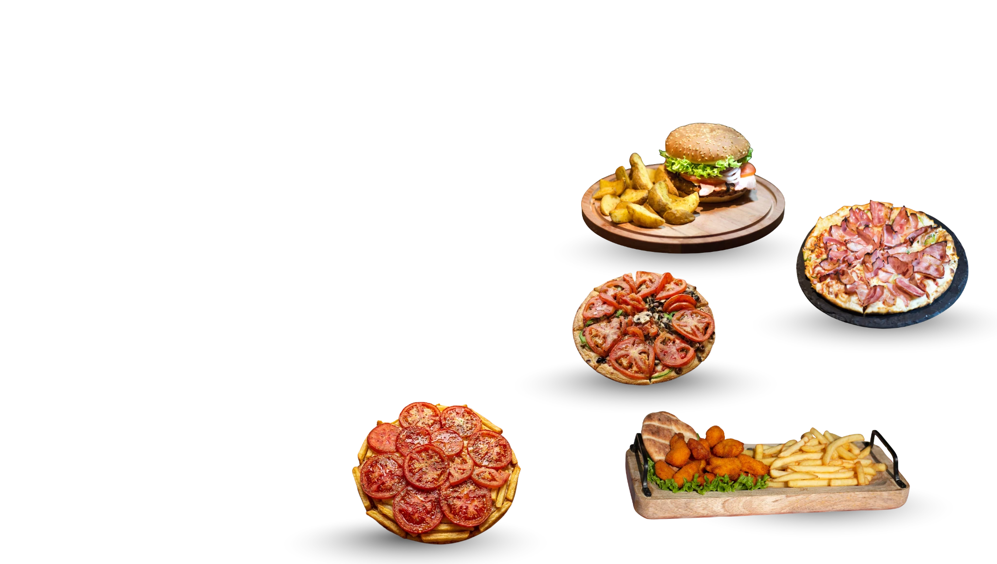 Burger με πατάτες, πίτσα πατητή, πίτσα λαχανικών, πίτσα πατατίνα και κοτομπουκιές της Pizza Sonic Express να αιωρούνται